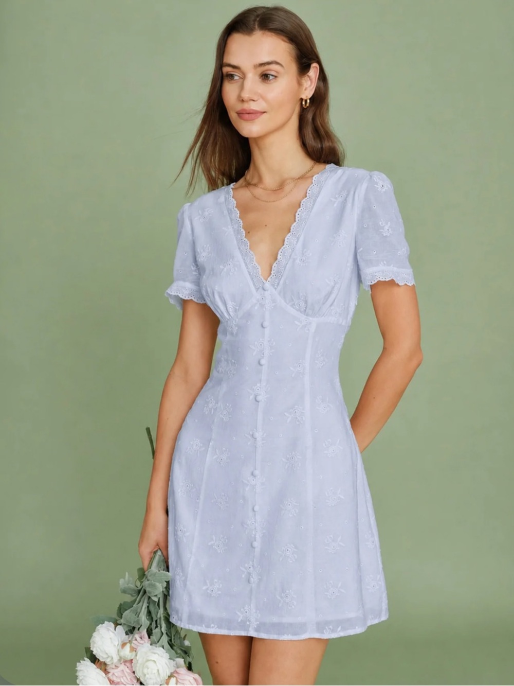 Blue V Neck Lace Embroidery Mini Dress